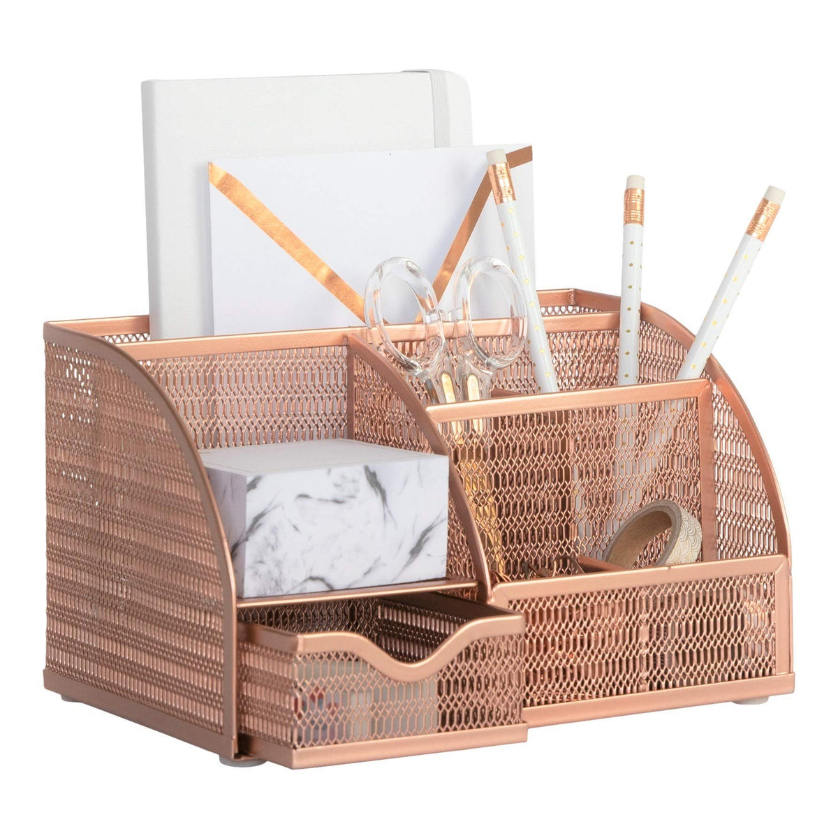 BLU MONACO | Gold Desk Organizer with Drawer | Metal Desktop Caddy with Six Compartments for Office Supplies | Stylish Desk Organizers and Accessories for Home or Office