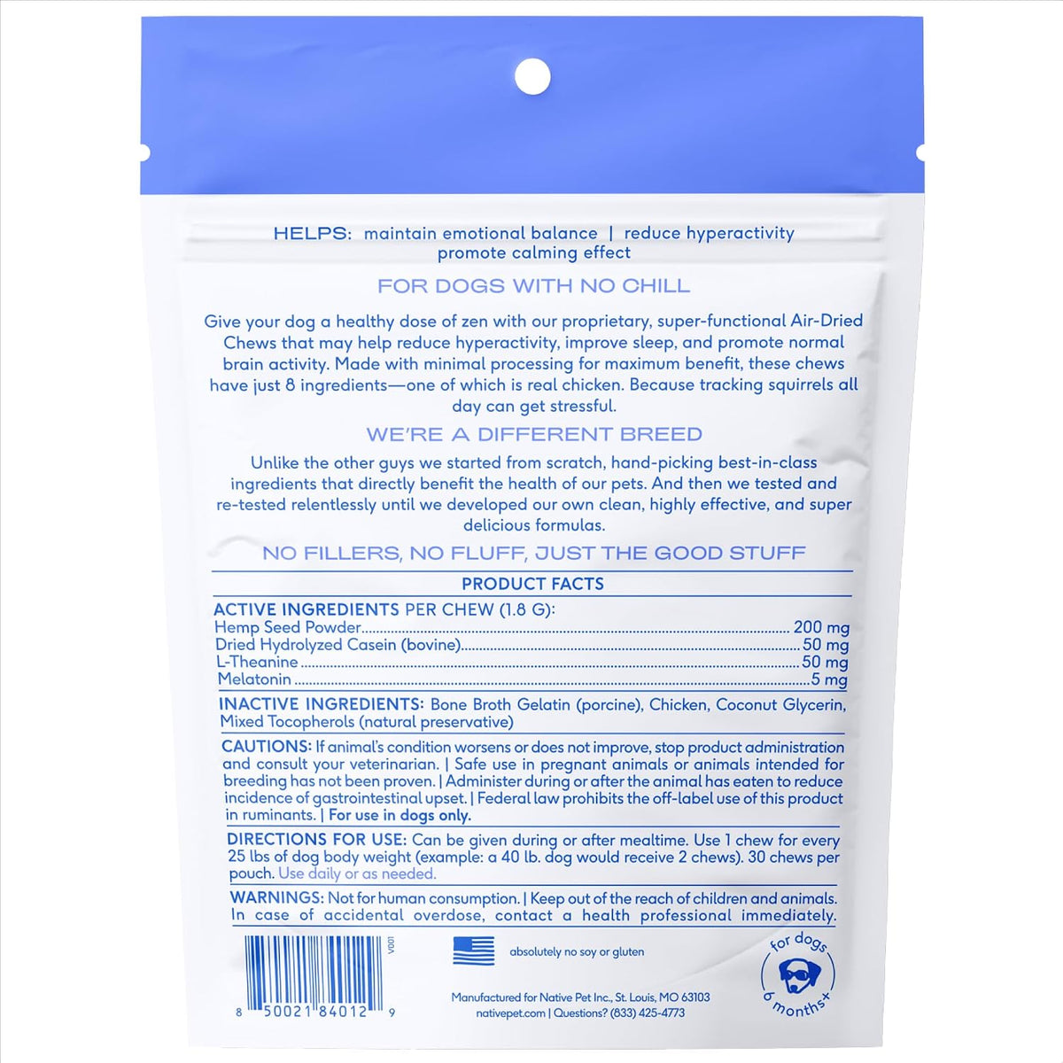 Native Pet Calming Chews for Dogs Medium Breed - 60 Calming Dog Treats - Hemp Seed, Melatonin, L-Theanine - Supports Calm Behavior - 30 Chews