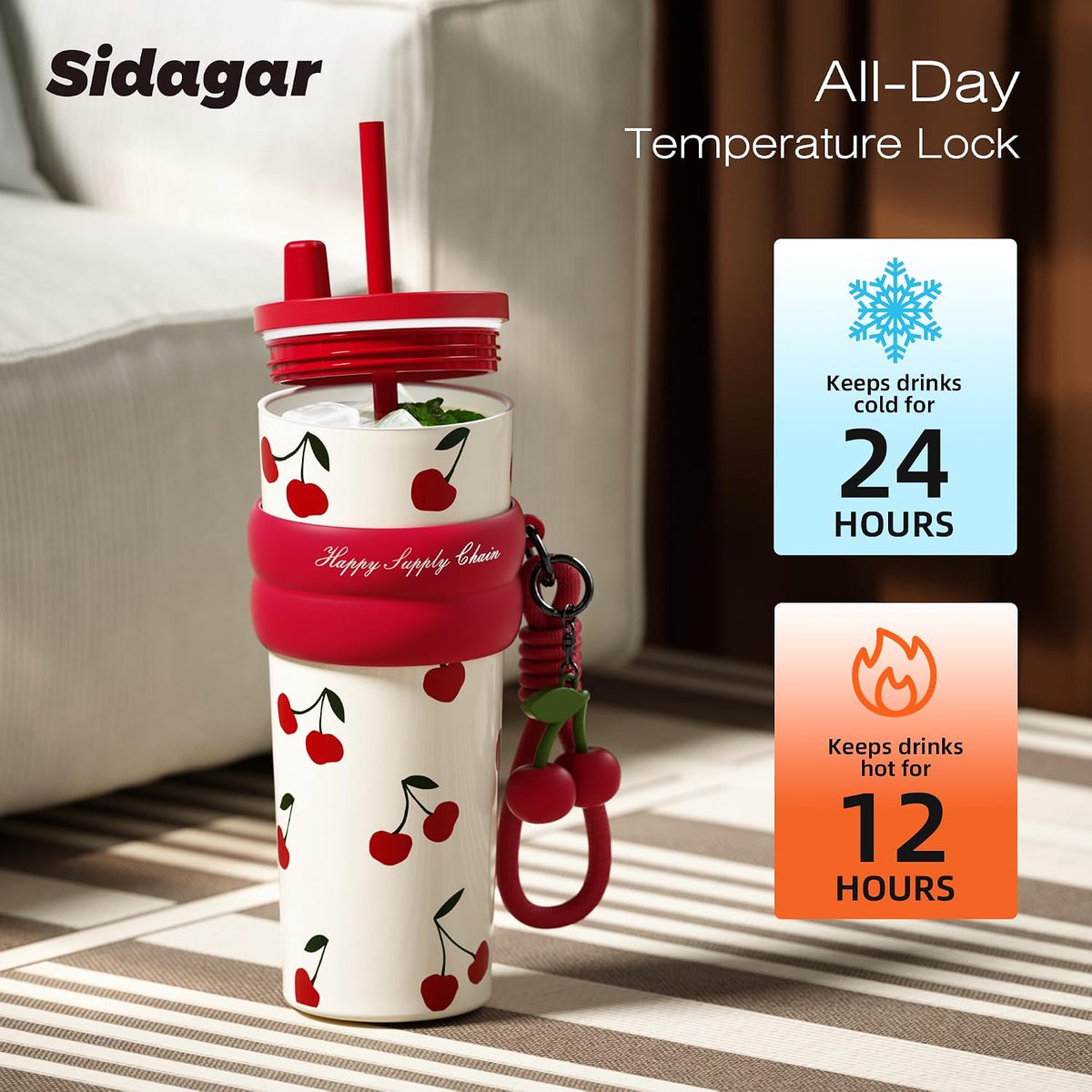 SDGA+ 24 oz Stainless Steel Tumbler with Lid and Straw, Insulated Water Bottle Leak Proof for Hot and Cold, Portable Travel Coffee Mug, Reusable Coffee Cup for Women, Cherry