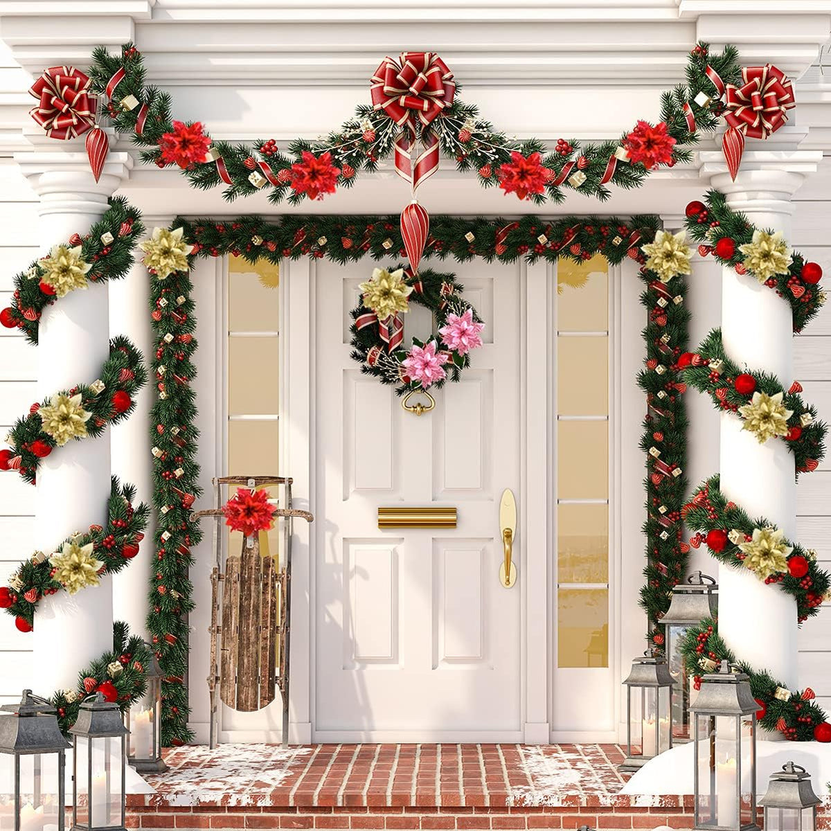 FurRain Christmas Poinsettia Artificial Flowers Decorations 5.5" Christmas Tree Wreaths Garland Decoration 12 Pcs Glitter Flowers Picks Decor for Xmas New Year Wedding Party Ornaments (Pink)