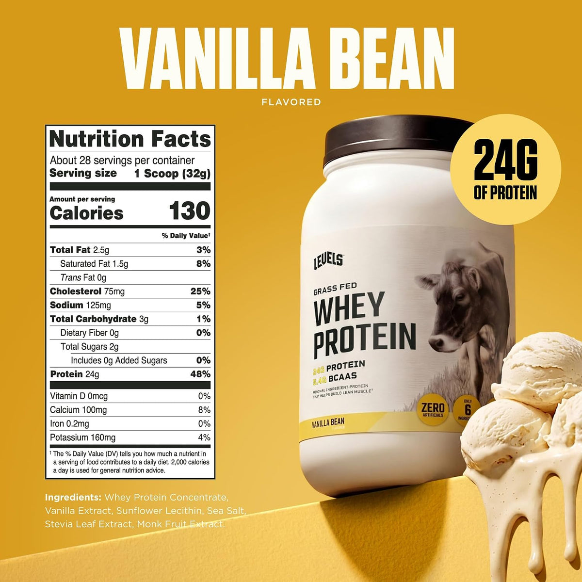 Levels Whey Protein Powder, No Artificial Ingredients, Vanilla Bean, 2LB | 24G of protein and 5.4G BCAAs per scoop, made with hormone-free dairy, zero junk, no fillers, no added sugar, certified clean