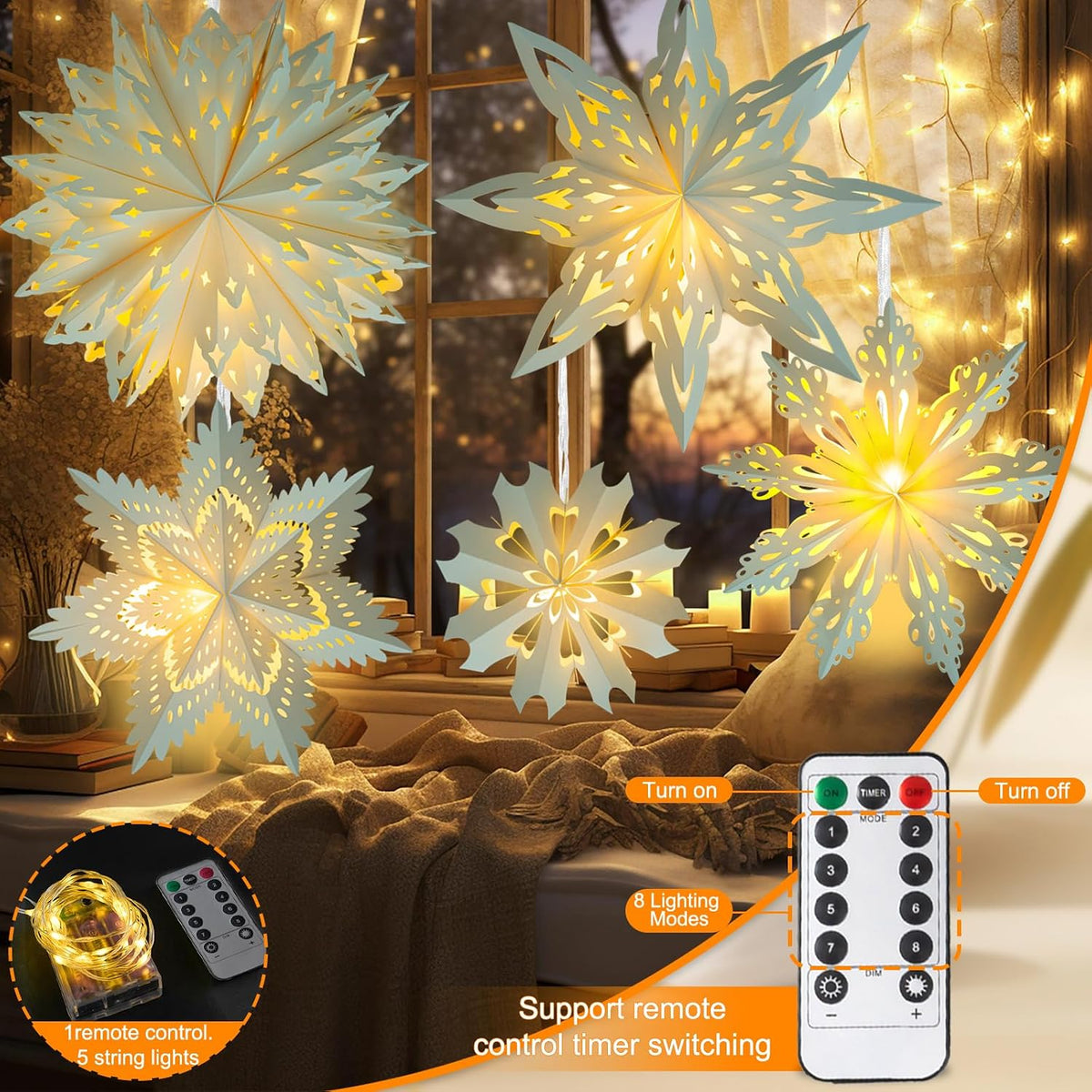 Paper Snowflake Lanterns with Lights, 5 Pack Christmas Hanging Decorations