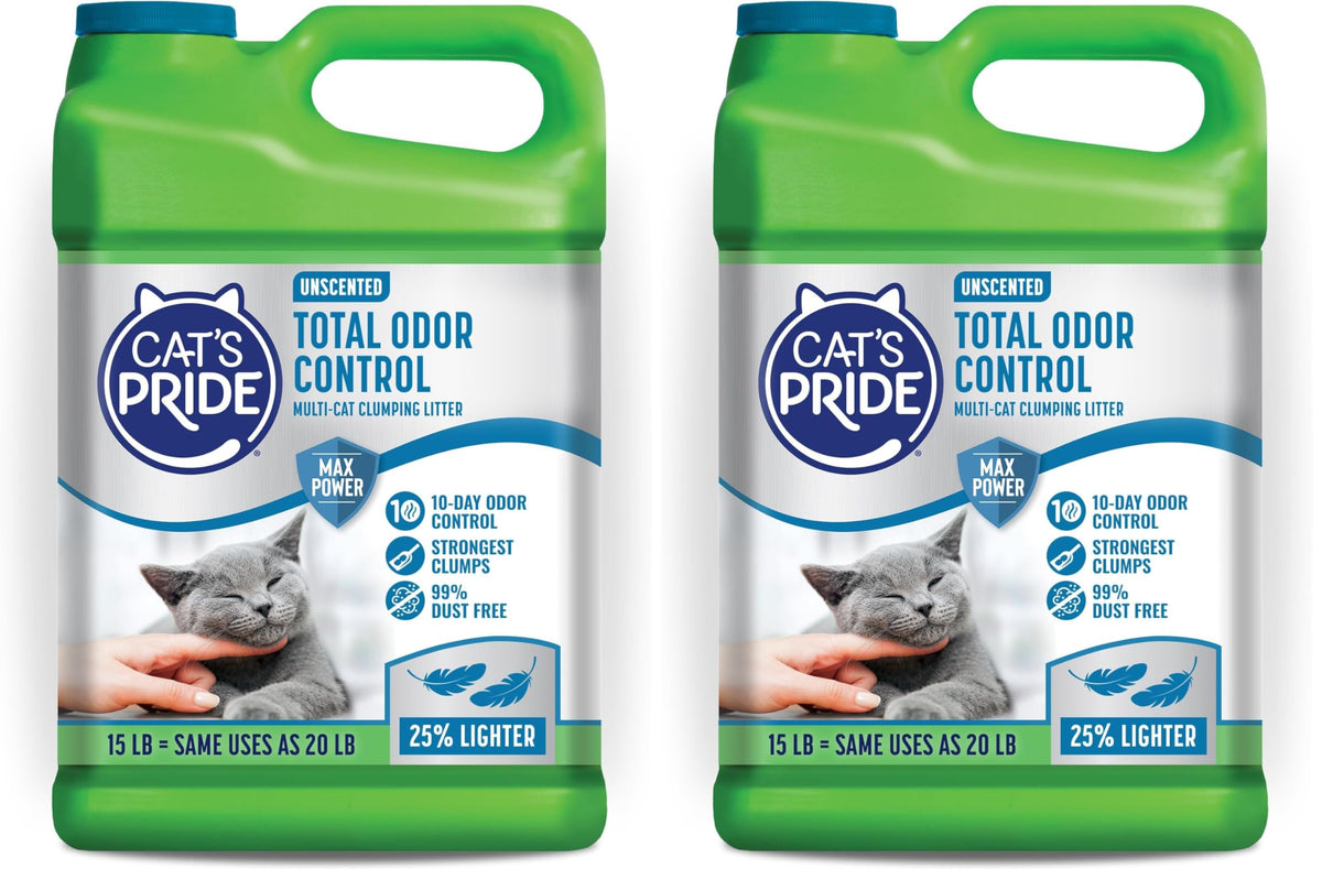 Cat's Pride Max Power: Total Odor Control - Up to 10 Days of Powerful Odor Control - Strong Clumping - Hypoallergenic - 99% Dust Free - Multi-Cat Litter, Unscented, 15 Pounds