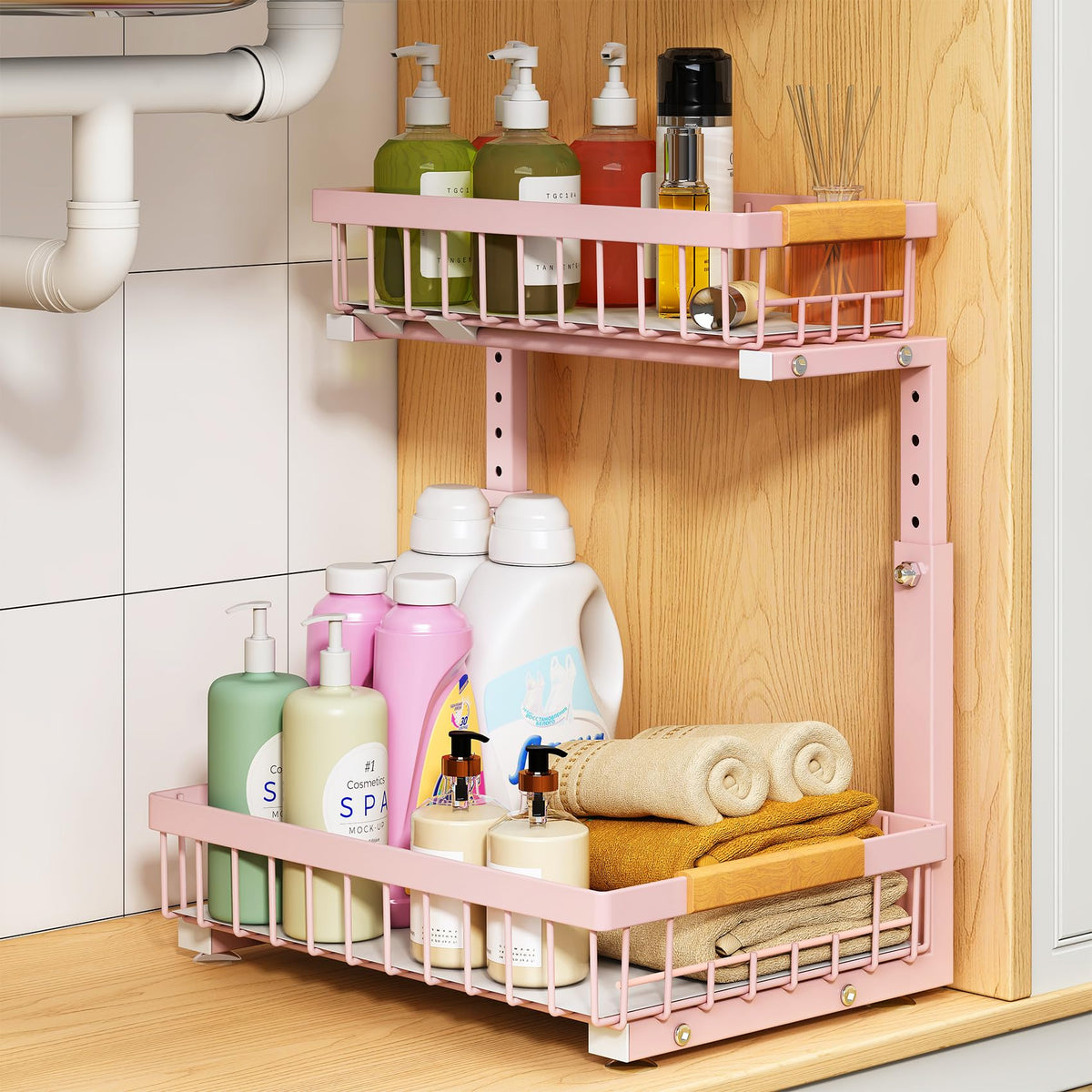 PXRACK Under Sink Organizer, Adjustable Height, 2 Tier Pull Out Under Cabinet Organizer, Slide Out Thickened Metal Under Sink Storage for Kitchen Bathroom Laundry Pantry Cabinet, White, Large-2-Pack
