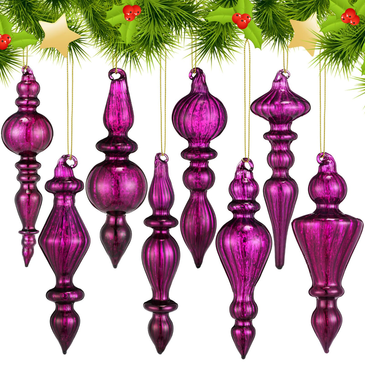 Mifoci 8 Pcs 6 Inch Mercury Glass Finial Christmas Ornaments,Red