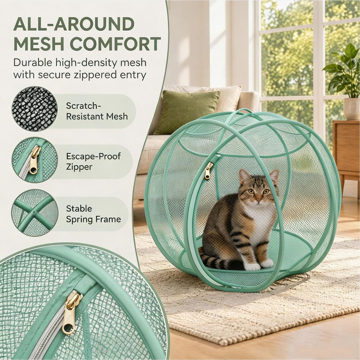 Outdoor Cat Enclosure, Giant Cat Hamster Ball for Outside, Mesh Ball Cat Cage, 360 Panoramic Rolling Cat Playpen, Foldable Breathable Mesh Pet Playpen with Zipper, Cat Outdoor Ball Cage