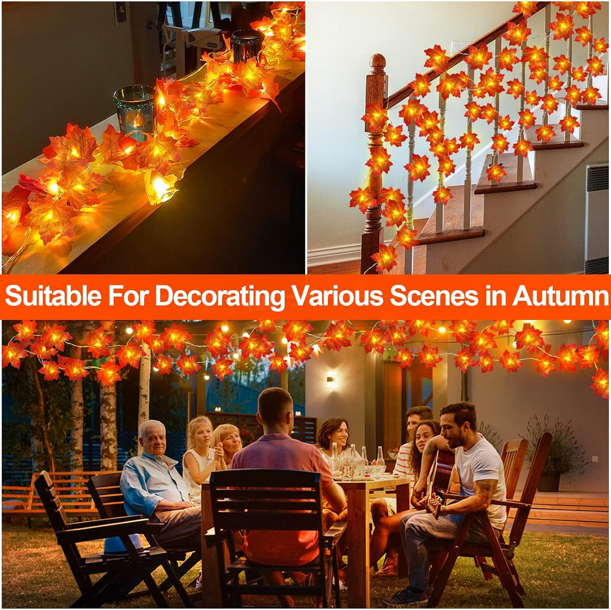 Timer&3 Pack Fall Decor 30Ft Fall Garland with Lights 60LED Autumn Garland | Patented Realistic Maple Leaves Garland Fall Decorations for Home, Battery Operated Waterproof Thanksgiving Halloween Decor