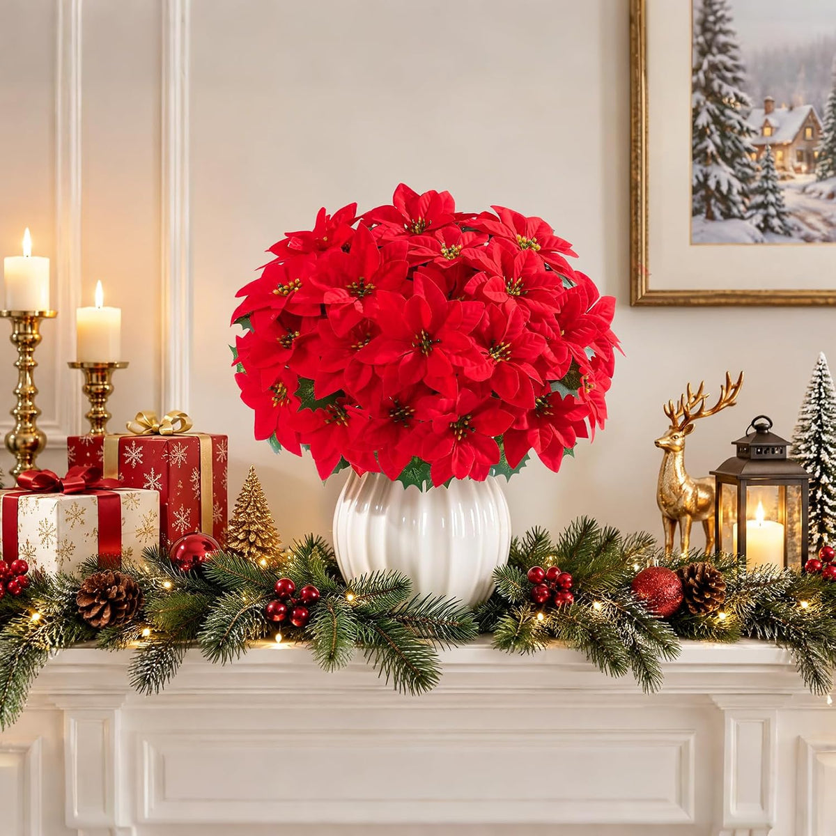 6 Pack Poinsettias Artificial Christmas Flowers Fake Red Poinsettias Flower