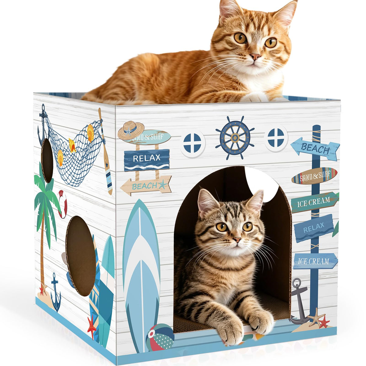 Cinrobiye Cardboard Cat House with Scratcher, Gothic Halloween Cat Scratcher Box with 2 Corrugated Scratch Pads, Open Top Indoor Cat Hideaway Bed for Cats and Kittens