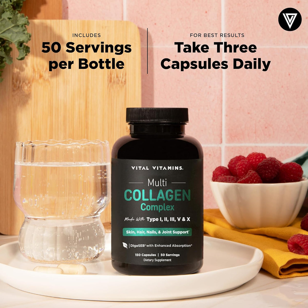 Vital Vitamins Multi Collagen Peptides Capsules for Women & Men - Type I, II, III, V, X Collagen Supplements - Grass-Fed, Non-GMO - 150 Pills