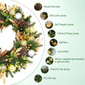 Hykolity 28 Inch Pre-Lit Botanical Christmas Wreath with 50 Warm White LEDs and Timer, Battery Operated Artificial PE & PVC Wreath with Ornaments, Pinecones and Layered Gold Leaves for Front Door