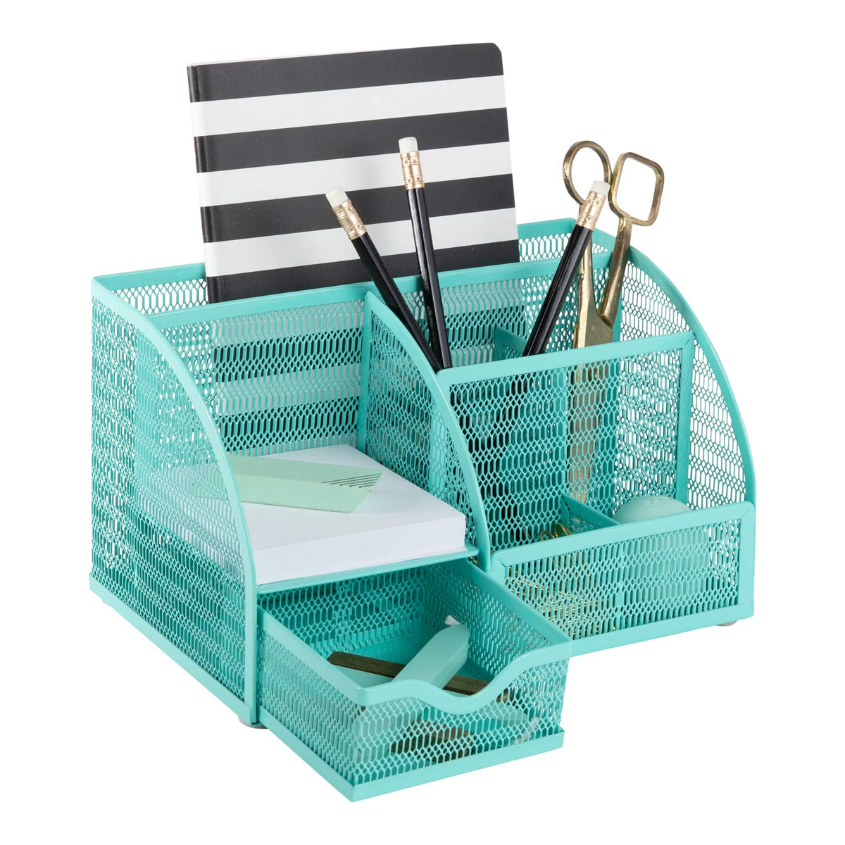 BLU MONACO | Gold Desk Organizer with Drawer | Metal Desktop Caddy with Six Compartments for Office Supplies | Stylish Desk Organizers and Accessories for Home or Office