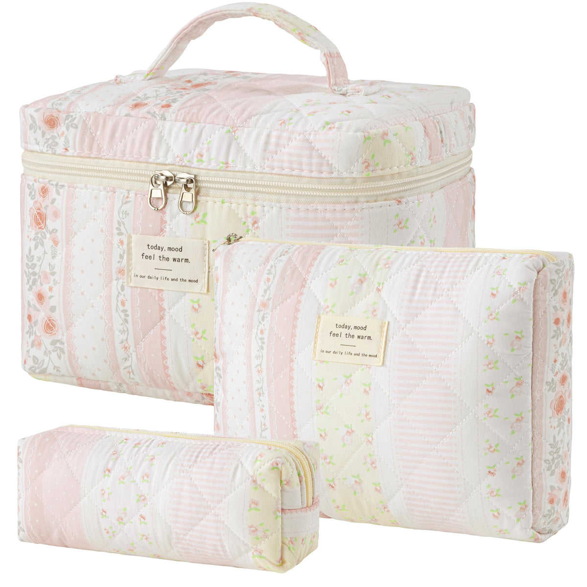 HBselect Quilted Makeup Bag, 3PCS Cotton Large Travel Makeup Bag, Cute Floral Coquette Make up Bag Cosmetic Bag Toiletry Bag for Women Girls