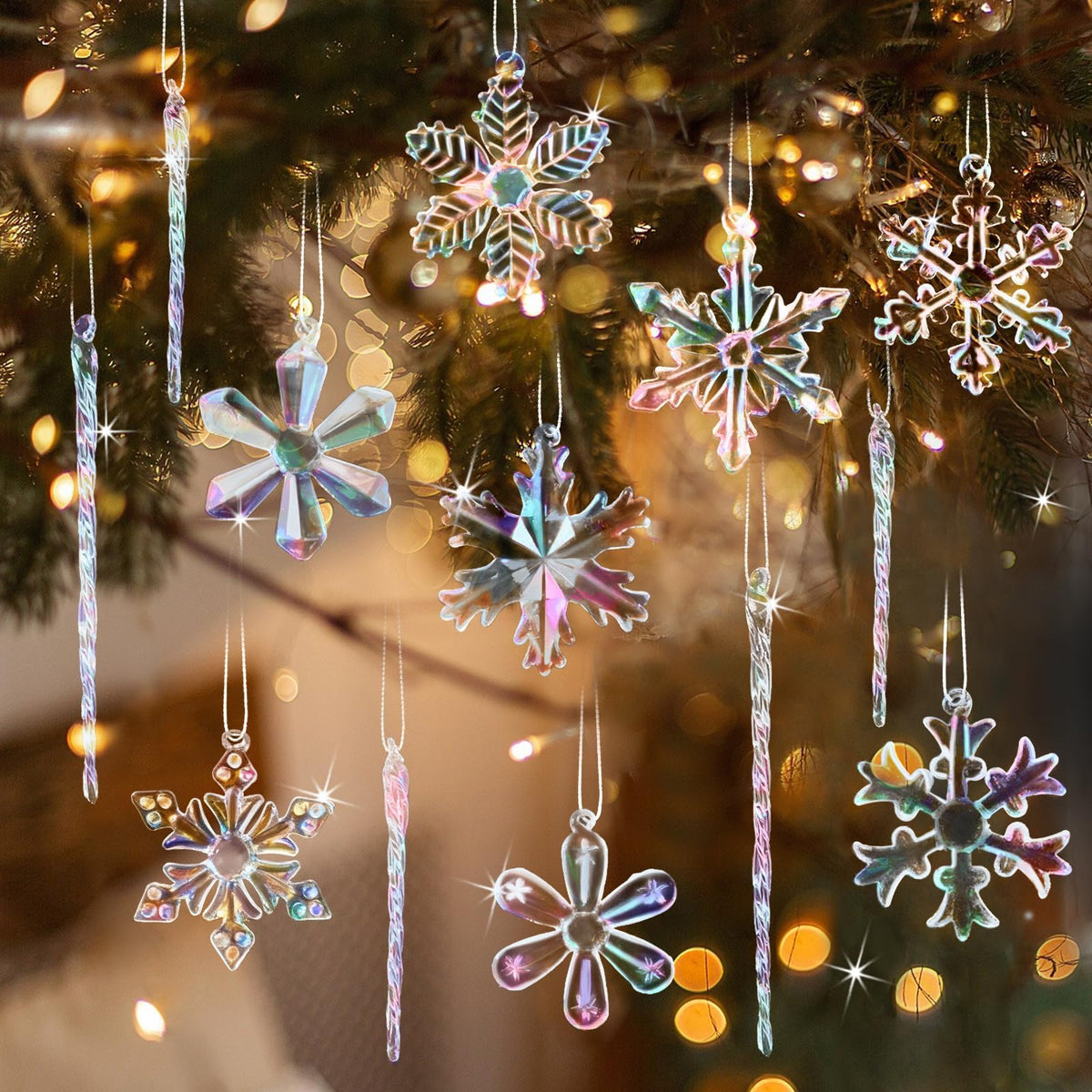 Glass Snowflake Icicle Ornaments for Christmas Tree Decorations - 18Pcs Clear Glass Ornaments Set for Christmas Tree Winter New Year Party Decor Supplies