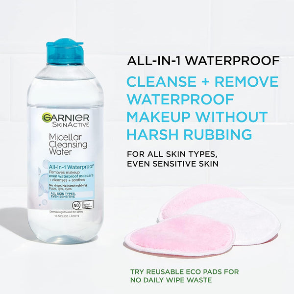 Garnier Micellar Water For Waterproof Makeup, Hydrating Facial Cleanser & Makeup Remover, Suitable for Sensitive Skin, Vegan, Cruelty Free, 13.5 Fl Oz (400mL), 1 Count