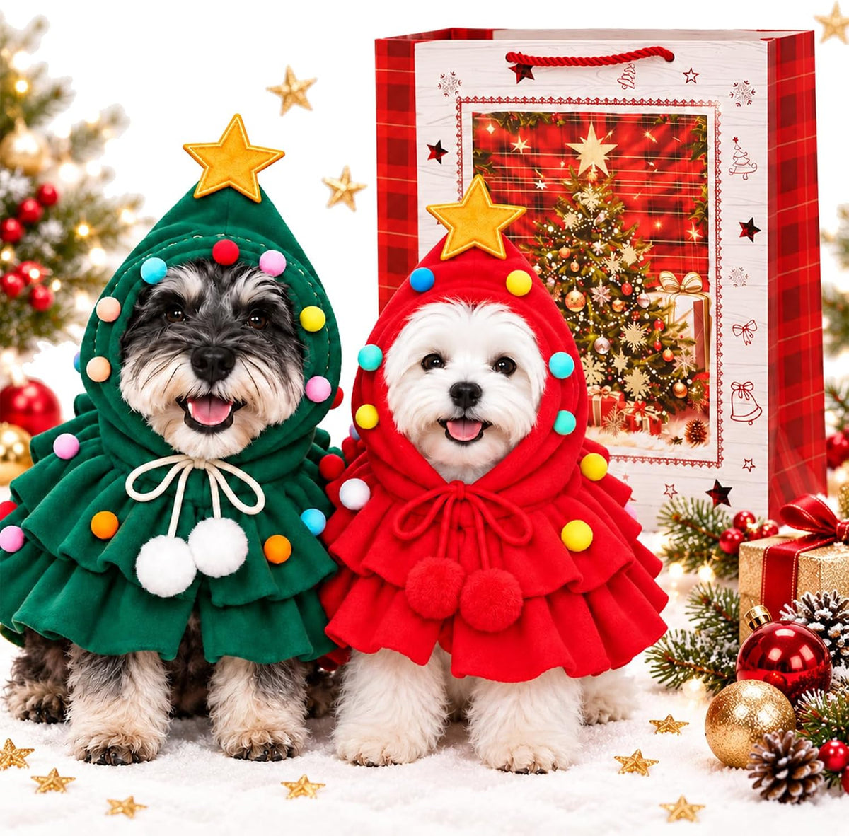 Dog Christmas Outfit Clothes, Holiday Tree Costume Cape for Small Pets，Green+Red