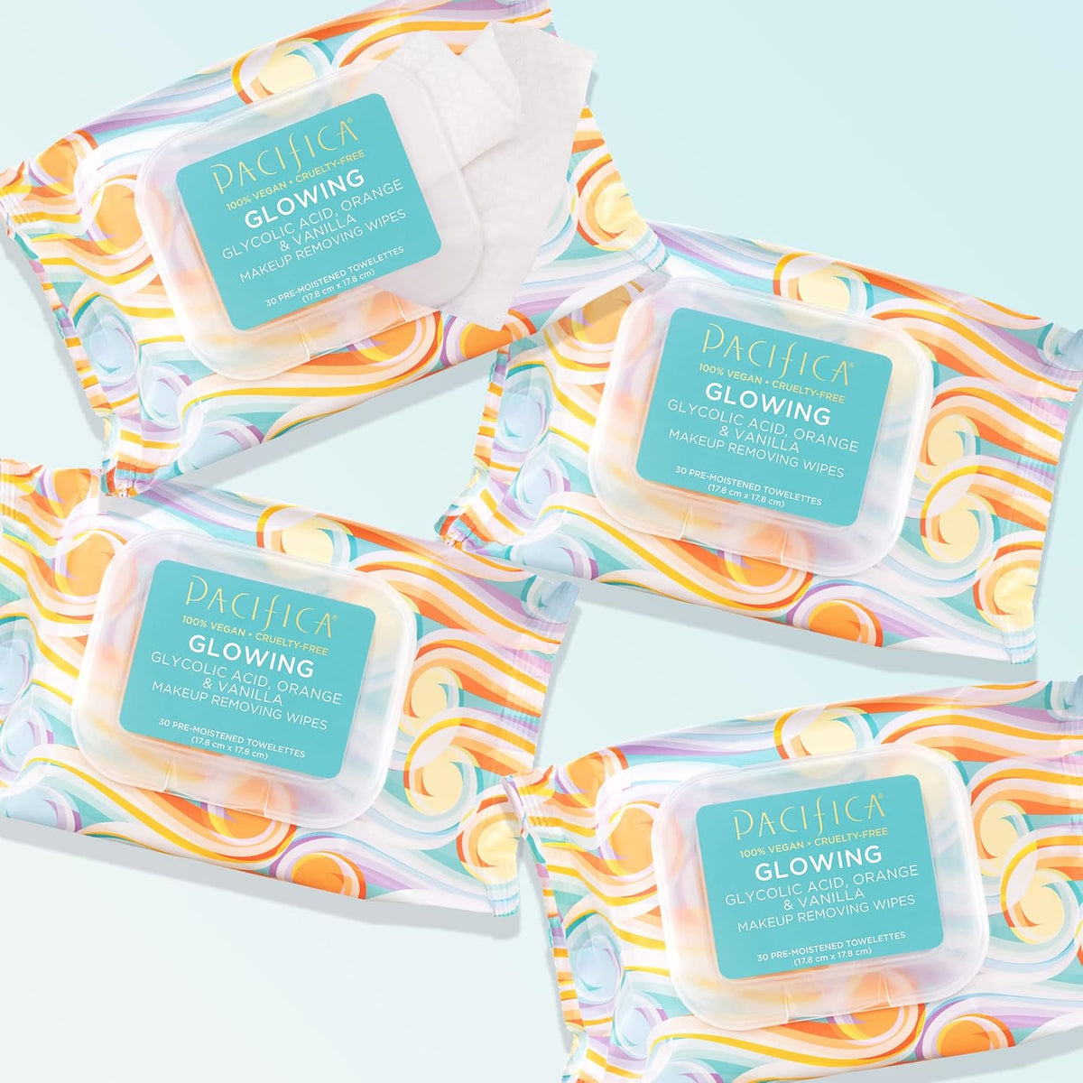 Pacifica Vegan Face Cleansing Wipes, Makeup Remover Wipes w/Glycolic Acid, Aloe Vera & Coconut Water Exfoliating & Hydrating Facial Towelettes for All Skin Types (120 Count) Clean Beauty Cruelty-Free