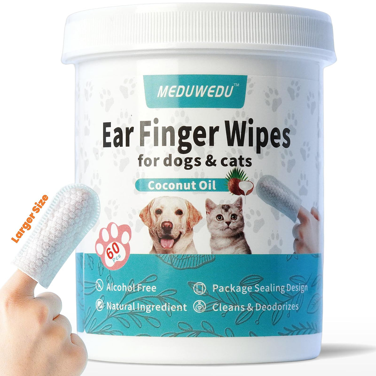 MEDUWEDU Ear Cleaner Finger Wipes 60 Counts, Dog Ear Cleaner, Grooming Kit Care for Dogs and Cats, Soft & Easy Otic Cleaning Pads, Remove Wax, Dirt & Stop Smelly, Itchy, Non-Irritating, Coconut Scent