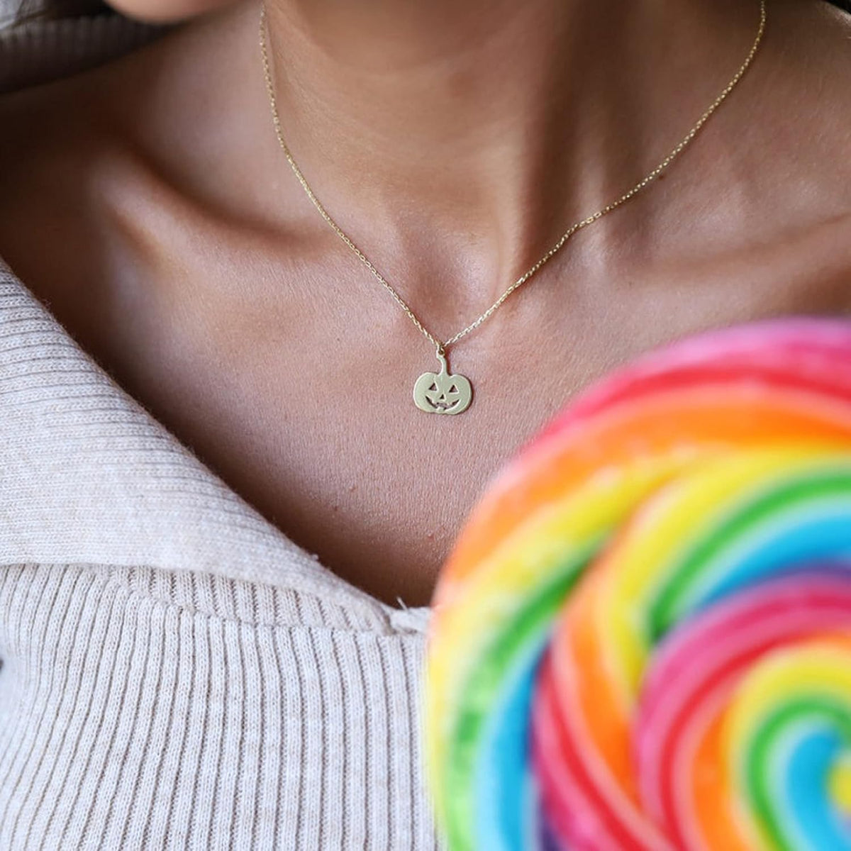 Pencros Dainty Pendant Necklace,18K Gold Plated Pumpkin Ghost Hammered Coin Delicate Chain Minimalist Simple Halloween Jewelry Friend's Gift