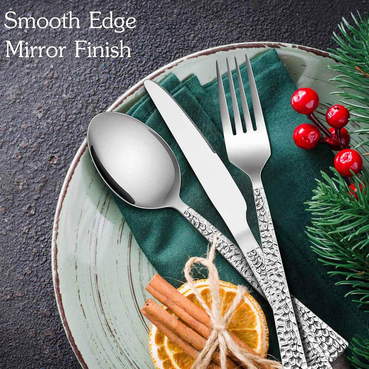 E-far Hammered Silverware Set for 8, 40 Pcs Stainless Steel Flatware Set
