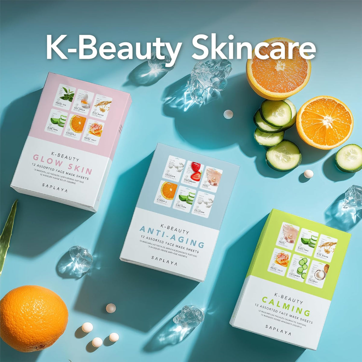 K-Beauty Facial Skincare Natural Beauty 12 Piece Multi-Pack Face Sheet Masks Balanced Skin Care Made In South Korea (Anti-Aging (Aloe Vera, Pearl, Collagen, Strawberry, Vitamin-C))