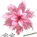 FurRain Christmas Poinsettia Artificial Flowers Decorations 5.5" Christmas Tree Wreaths Garland Decoration 12 Pcs Glitter Flowers Picks Decor for Xmas New Year Wedding Party Ornaments (Pink)