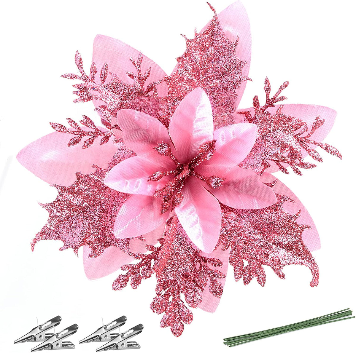 FurRain Christmas Poinsettia Artificial Flowers Decorations 5.5" Christmas Tree Wreaths Garland Decoration 12 Pcs Glitter Flowers Picks Decor for Xmas New Year Wedding Party Ornaments (Pink)