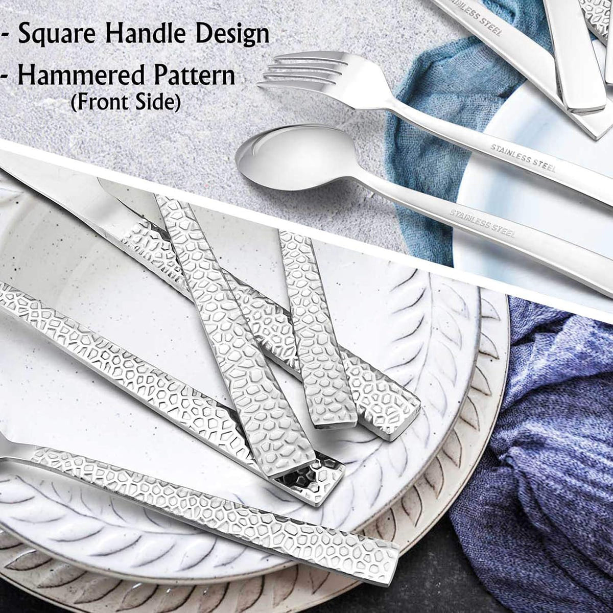 E-far Hammered Silverware Set for 8, 40 Pcs Stainless Steel Flatware Set