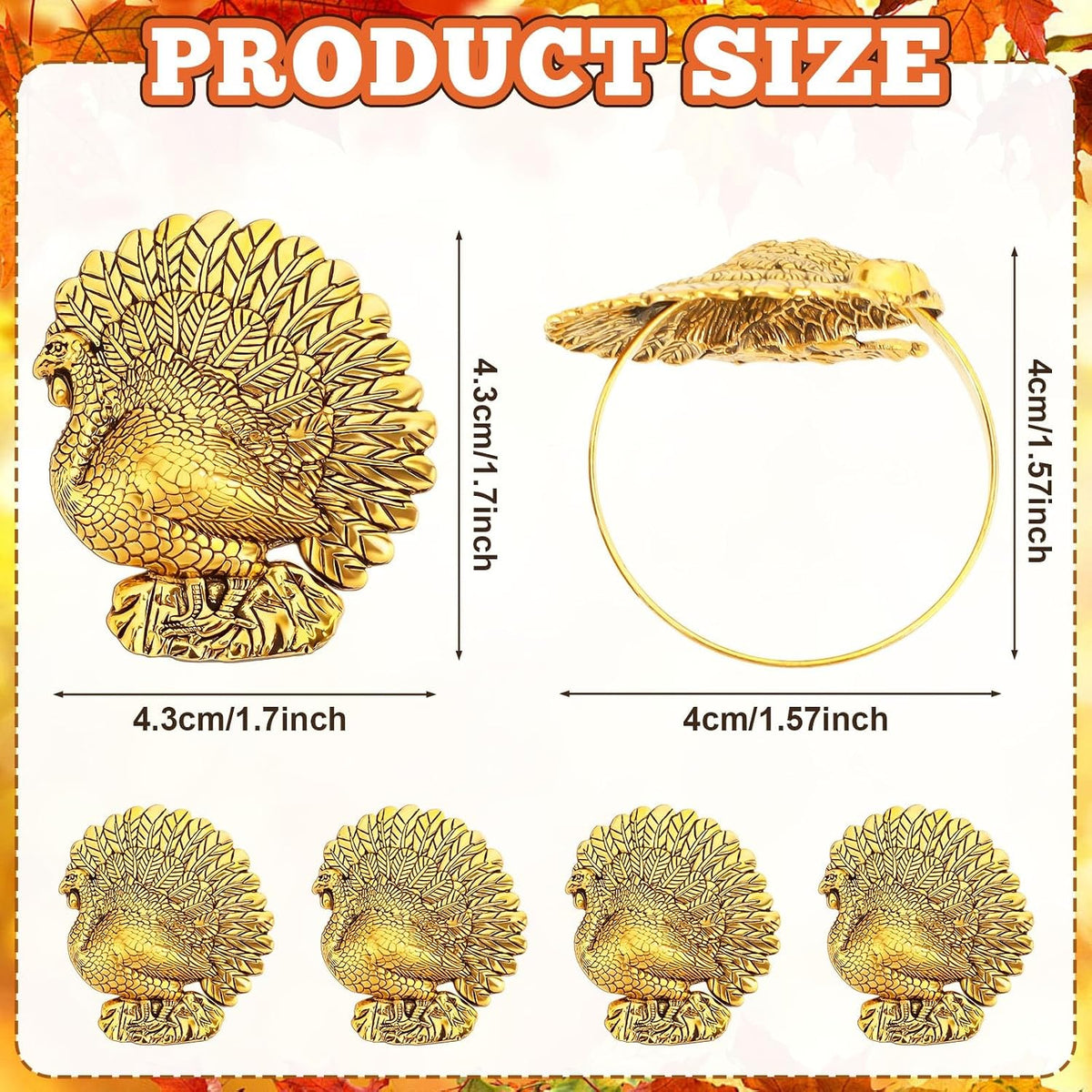 Turkey Napkin Rings Set of 12 Thanksgiving Gold Napkin Holders
