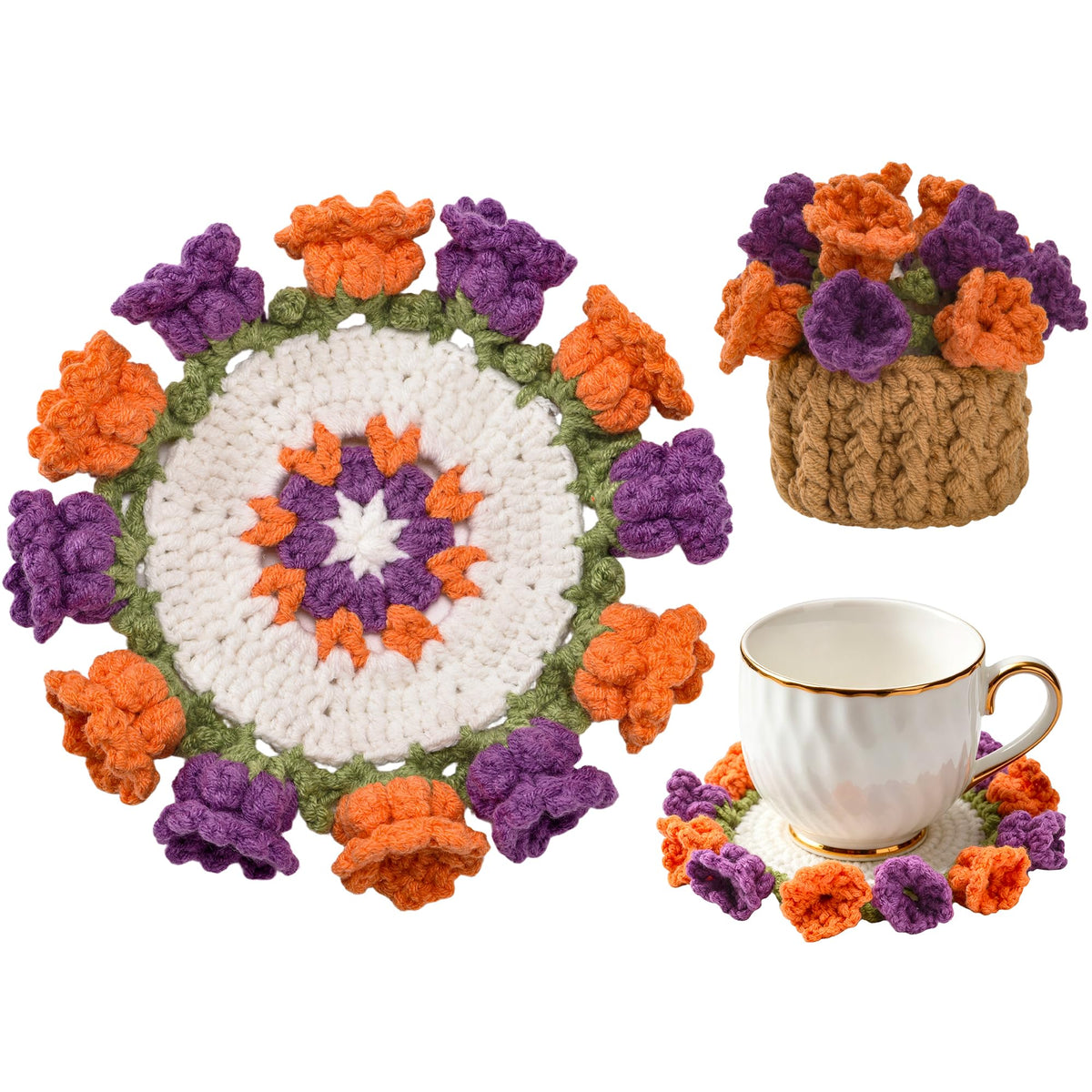 Crochet Flower Coasters, Handmade Bouquet Coasters with Crochet Plant Pot (Sunflower Yellow, 1Pc)