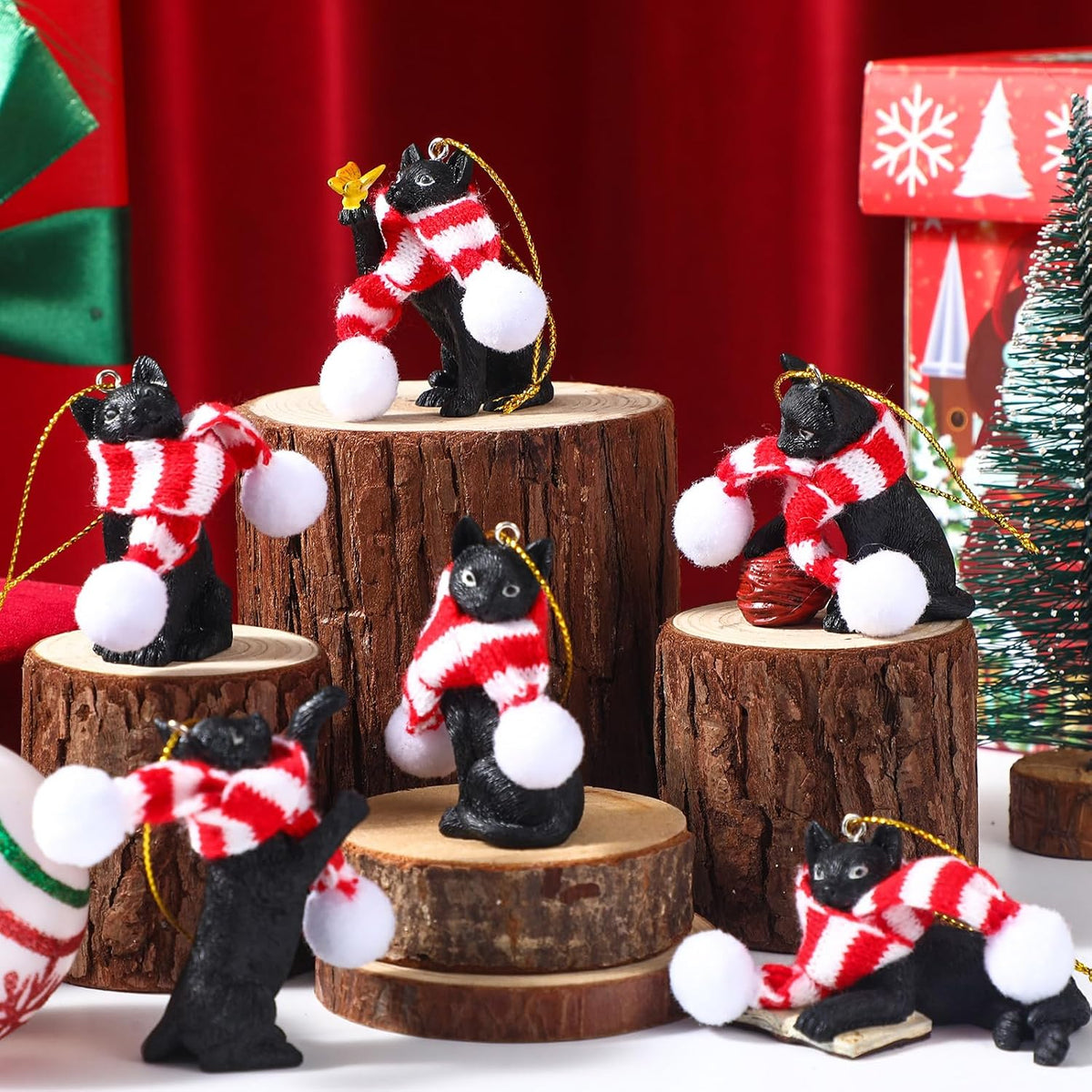 Equsion 6 Pcs Black Cat Christmas Ornament with Candy Cane Scarf Figurine