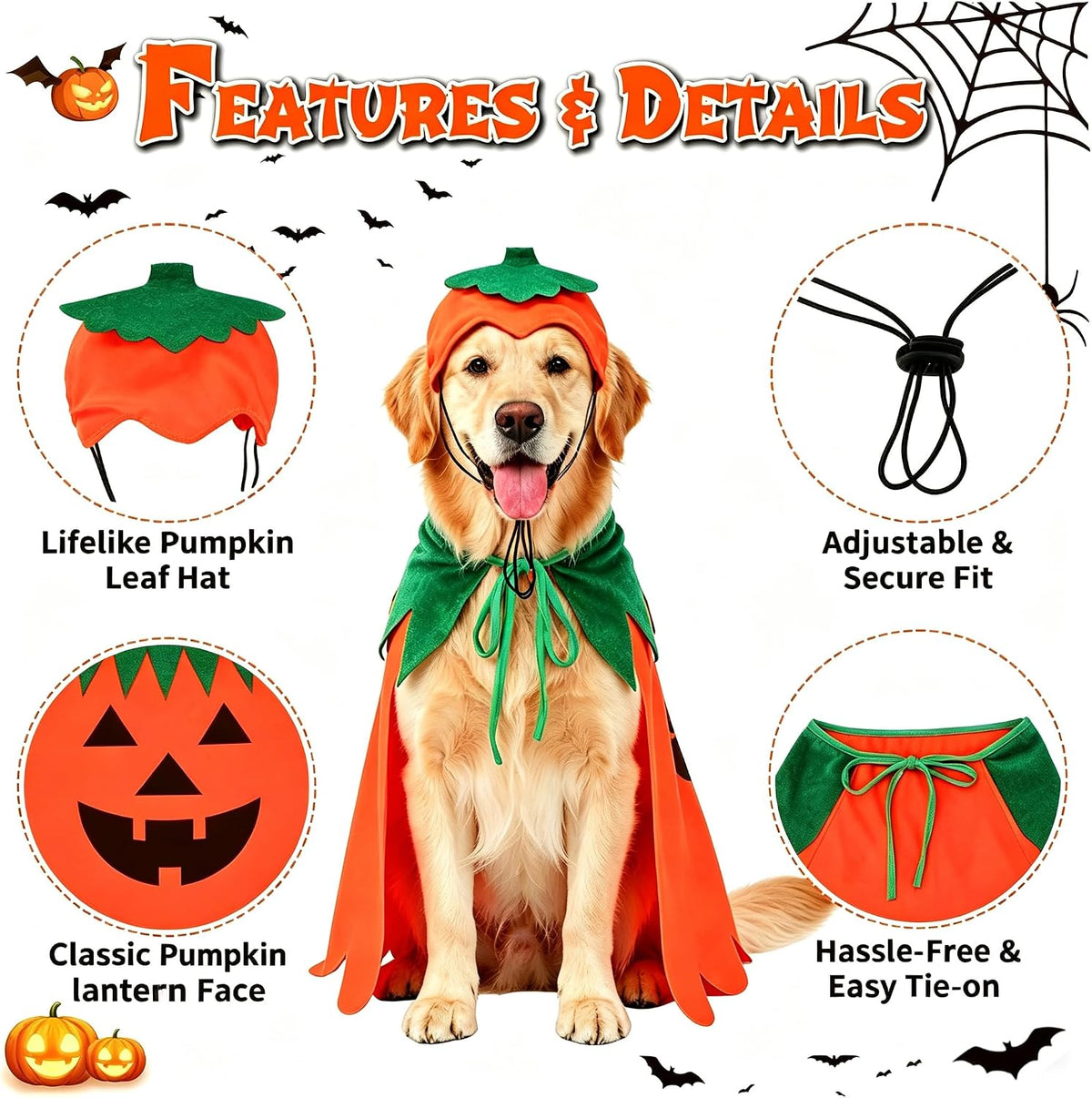 Rypet Dog Pumpkin Costume, Halloween Cape & Hat for Large X-Large Dogs, XL