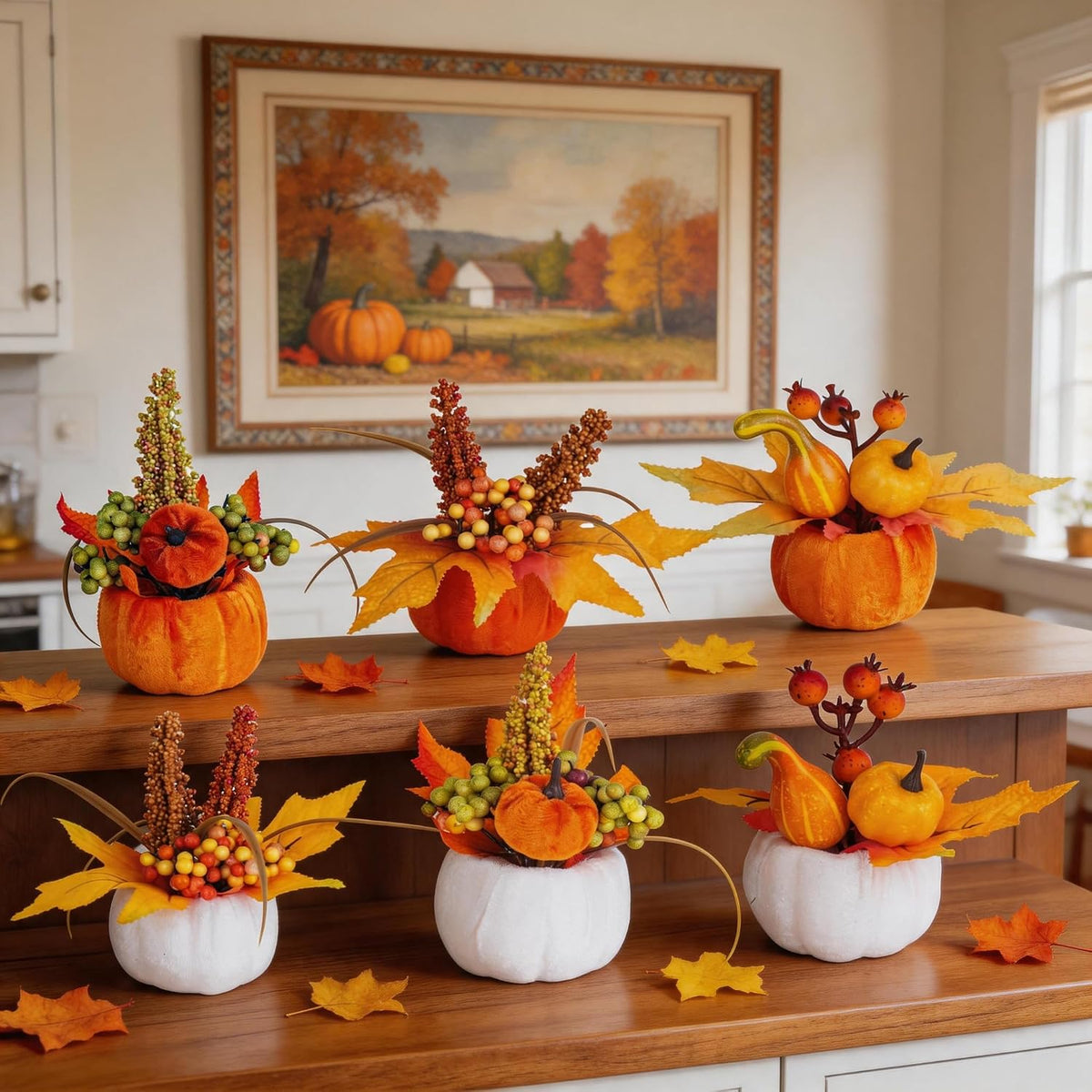 Velvet Fall Pumpkin Decor 6 Pcs, Artificial Fake Plastic Mini Pumpkins, Thanksgiving Halloween Home Table Indoor Decorations