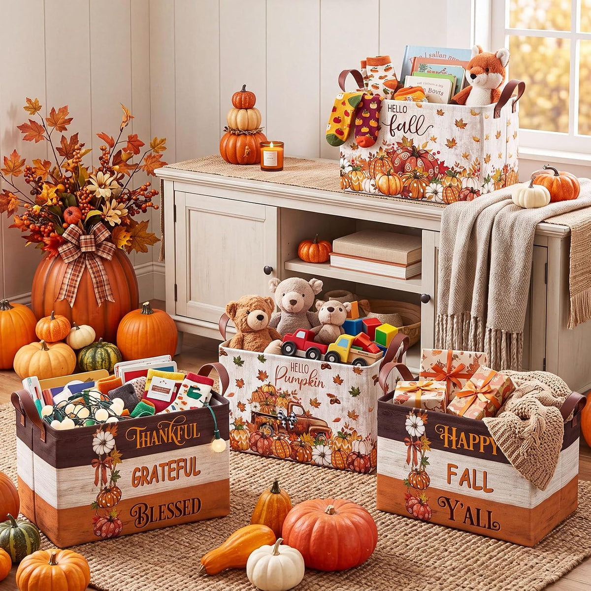 4 Pcs Thanksgiving Storage Basket Empty with Handles, Large Fabric