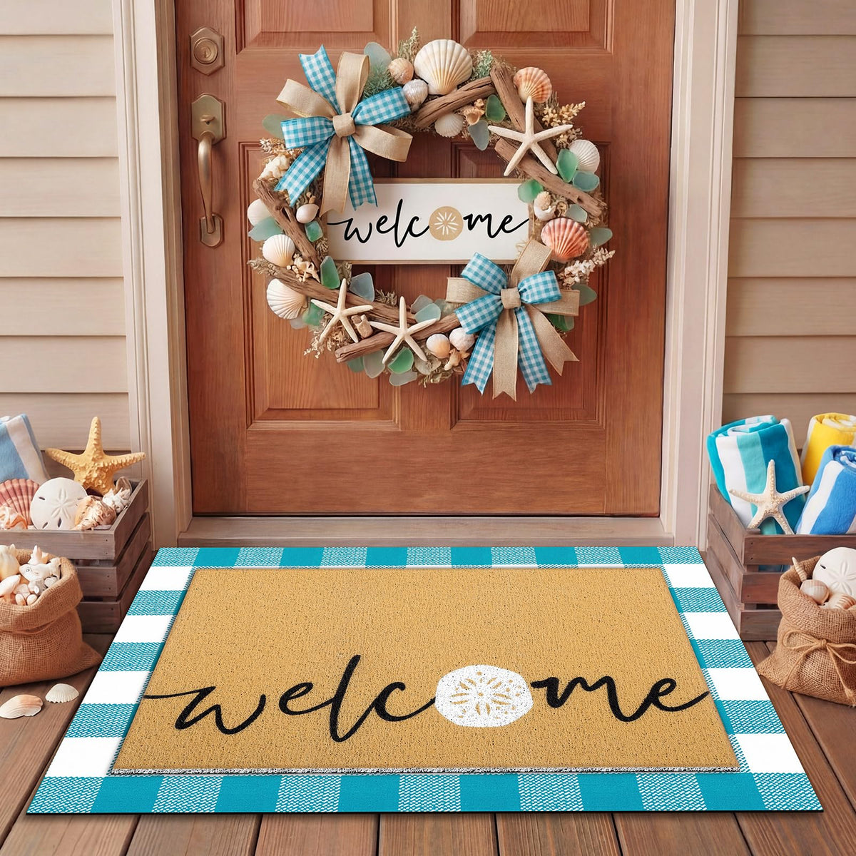 Tinideya 2 23.6 X 35.4 Inches Plaid Ghost Red Brown | Layered Coir Doormat Set, Non Slip Backing for Outdoor Entryway, Buffalo Plaid Seasonal Design, Front Porch Home Decor