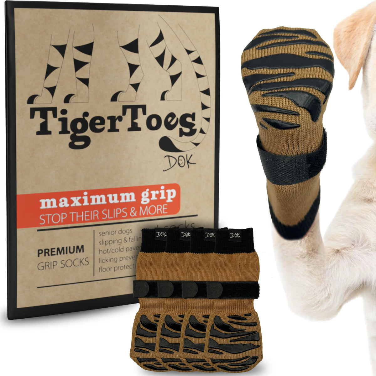 DOK TigerToes Premium Non-Slip Dog Socks for Hardwood Floors - Extra-Thick Grip that Works Even When Twisted - Prevents Licking, Slipping, and Great for Dog Paw Protection - Size Large