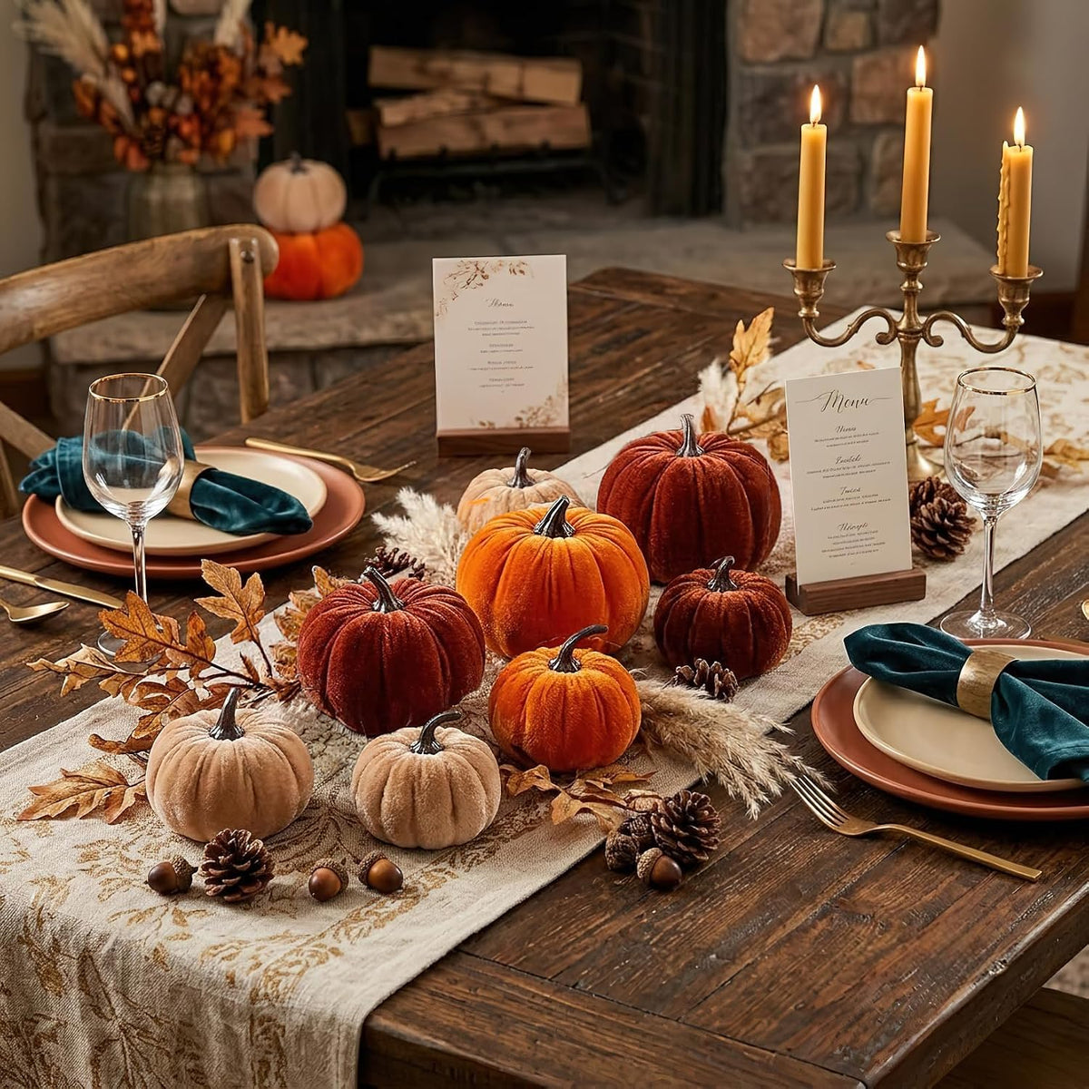 30 Pcs Velvet Fall Pumpkins Set with Leaves, Acorns & Pine Cones