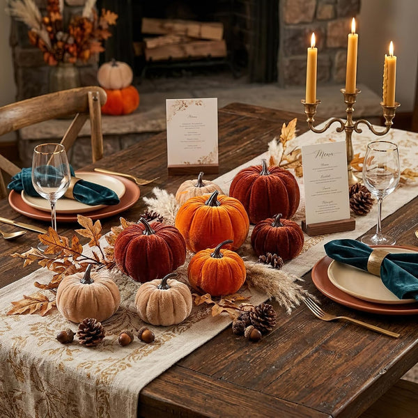 30 Pcs Velvet Fall Pumpkins Set with Leaves, Acorns & Pine Cones