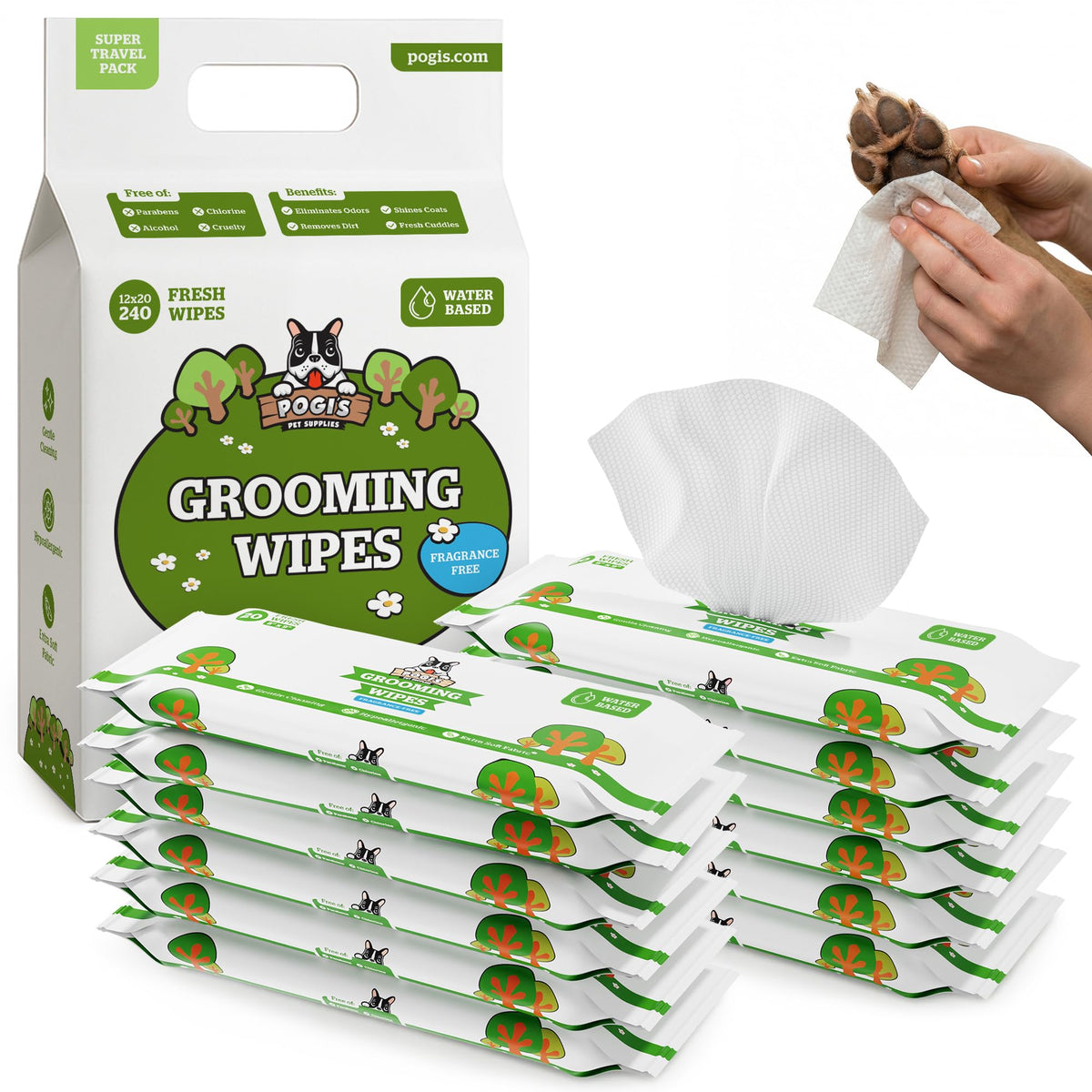 Pogi’s Dog Grooming Wipes – Hypoallergenic Pet Wipes for Paws, Body & Butt – Cleaning & Hydrating, Fragrance Free, 100 Count