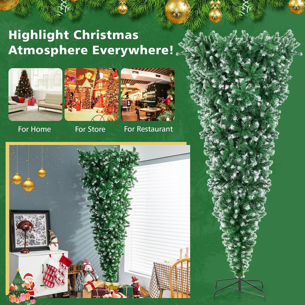 DORTALA Pre-Lit Upside Down Christmas Tree, 7.5 FT Snow Artificial Inverted Xmas Tree with 1100 Branch Tips, 400 Warm LED Lights, 8 Lighting Modes, Foldable Metal Stand, Green
