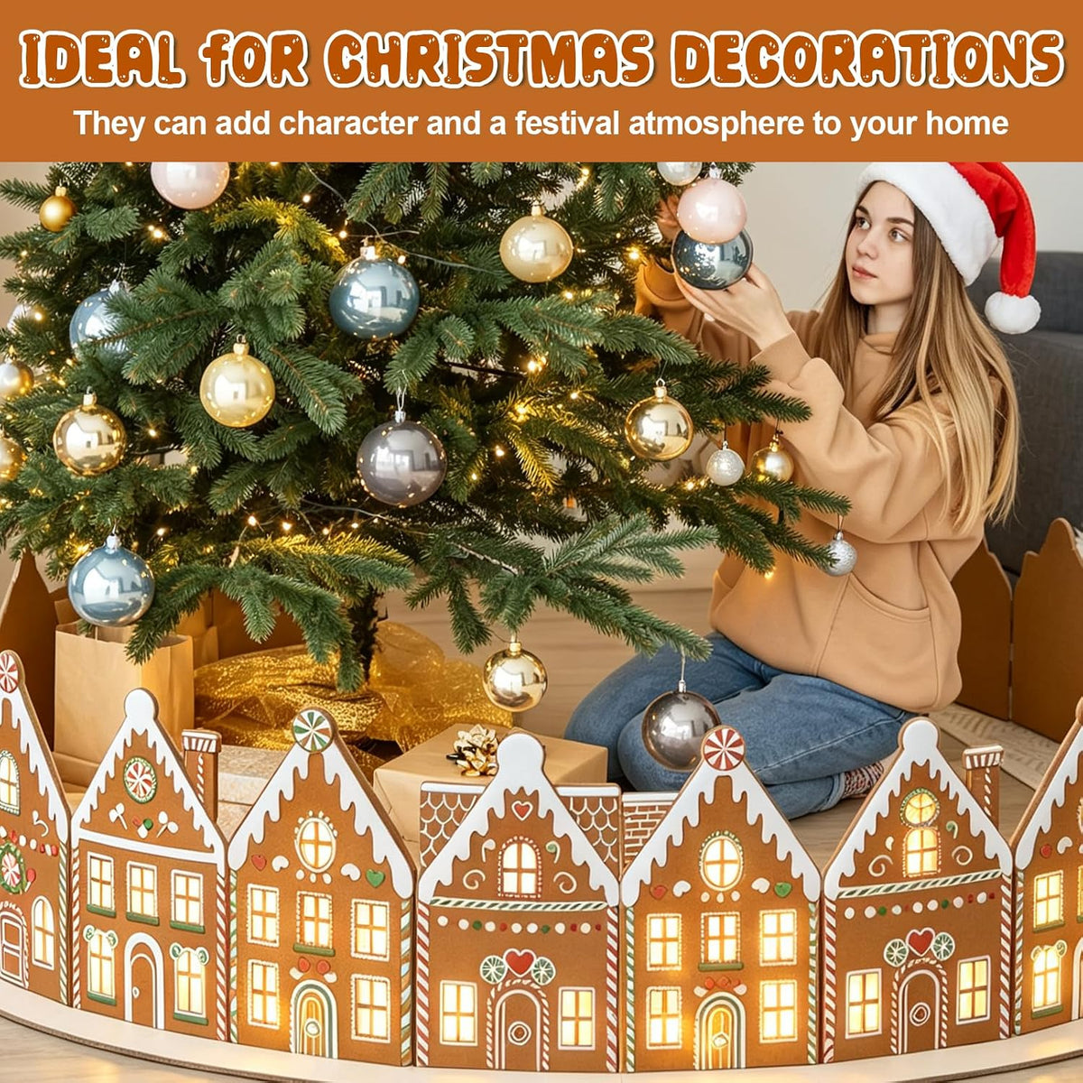 30 Inch Wooden Gingerbread House Christmas Tree Collar with Lights