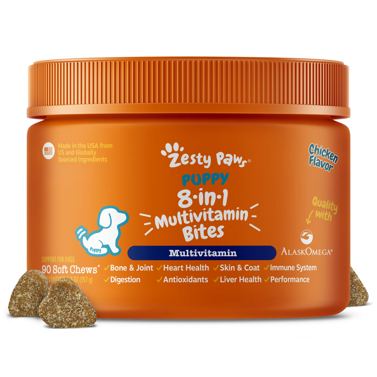 Zesty Paws Dog Multivitamin, Chewable Dog Vitamins and Supplements for Hip & Joints, Skin & Coat, Omega 3 Fish Oil for Dogs- Senior & Puppy Multivitamin- Chicken- 90ct