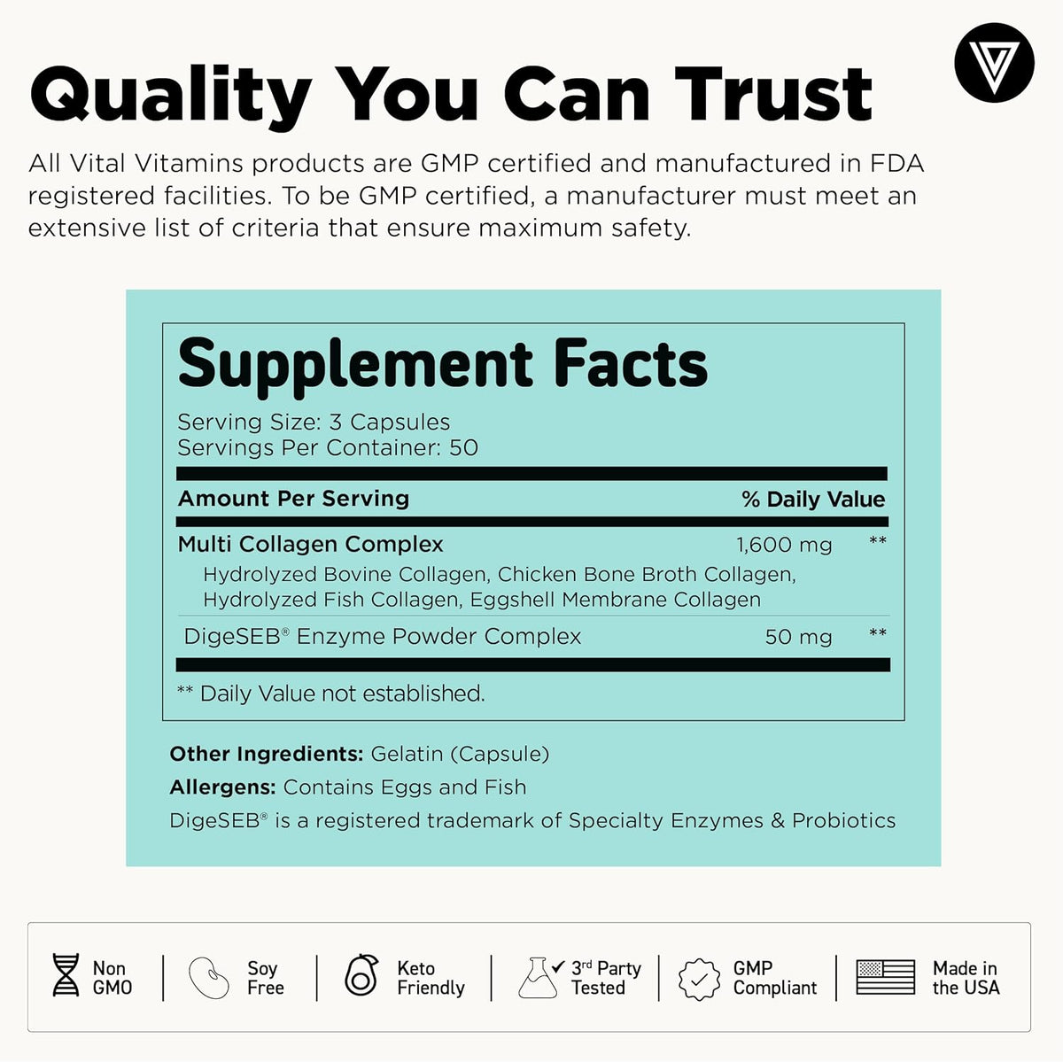 Vital Vitamins Multi Collagen Peptides Capsules for Women & Men - Type I, II, III, V, X Collagen Supplements - Grass-Fed, Non-GMO - 150 Pills