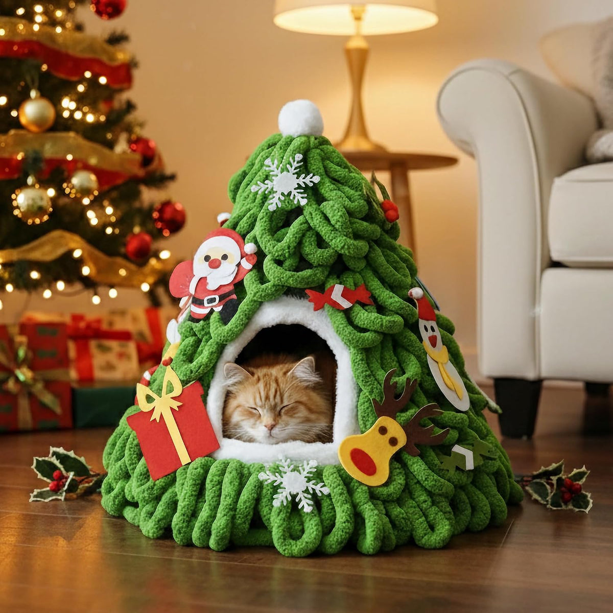 PETKARAY Christmas Tree Cat Cave Bed for Indoor Cats, Cozy Felt Cat House
