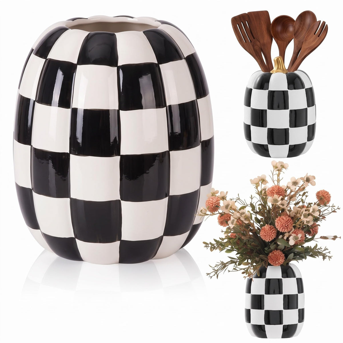 Beeveer 6.7 Inch Ceramic Pumpkin Vase, Large White Pumpkin Utensil Holder
