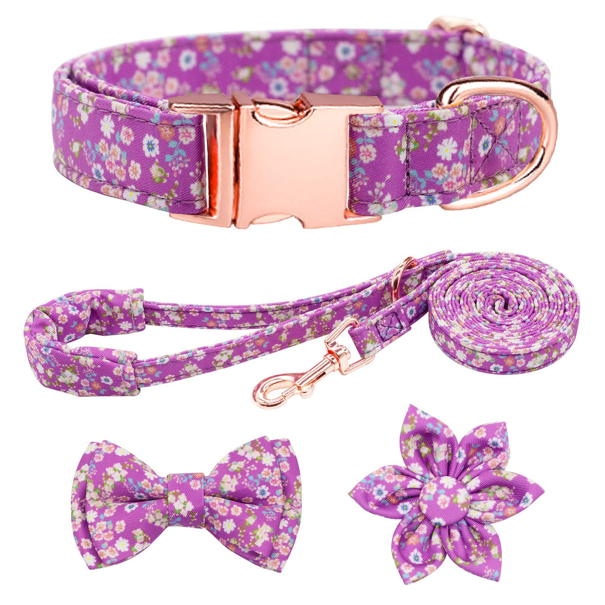 Dog Collar and Leash Set Girls Adjustable Puppy Collars with Floral Bow Tie for Small Medium Large Female Dogs, Orange Flower, XS