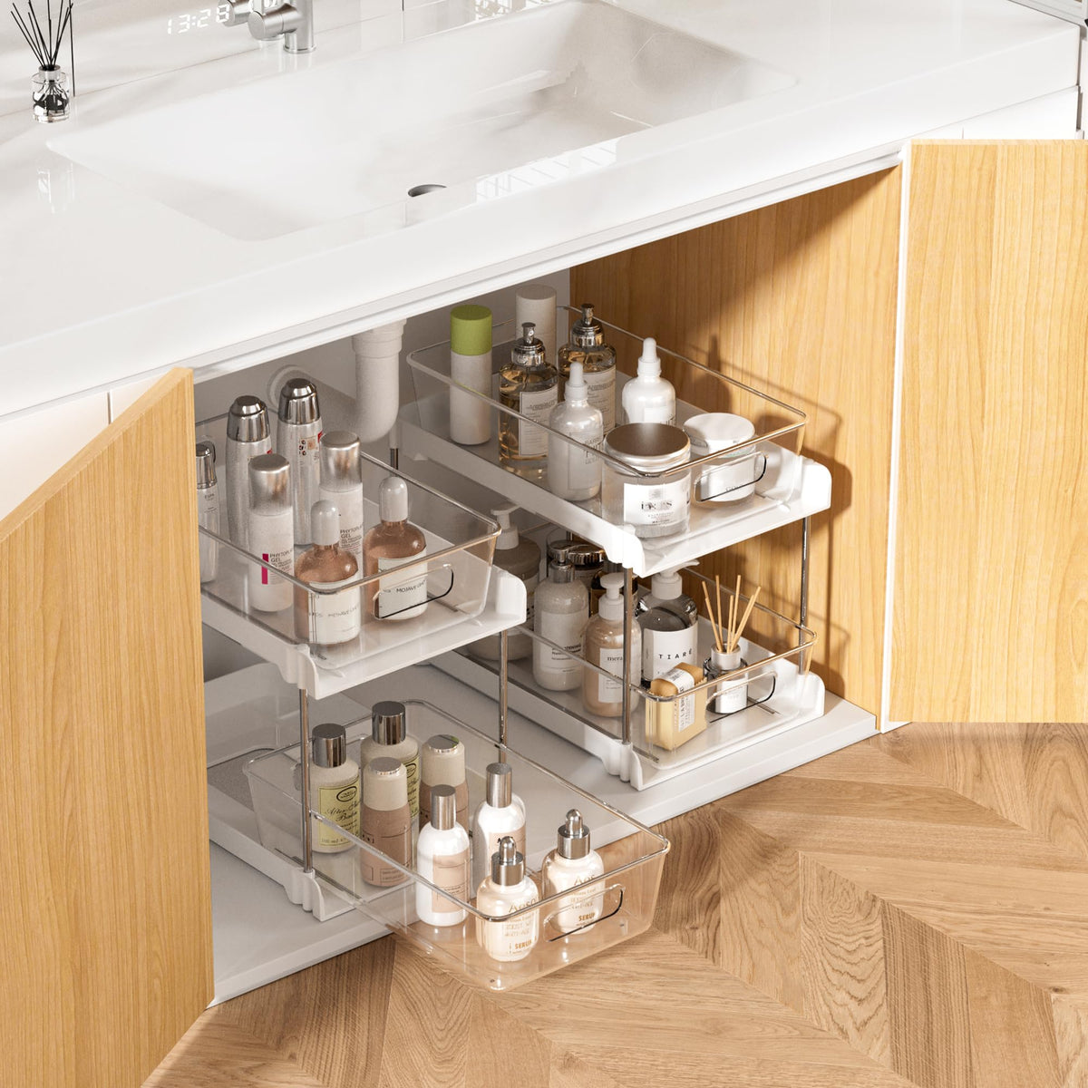 Vtopmart 4 Pack Pull Out Bathroom Under Sink Organizer (S-Standard) | Slide-out drawers, Multi-purpose storage, Clear visibility, Easy Set-up