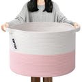 Large Woven Blanket Basket,65L Cotton Rope Laundry Basket Hamper with Handles, Decorative Nursery Basket Storage Bin for Toys, Clothes Organizer, Living Room, Bedroom, Bathroom, White & Brown
