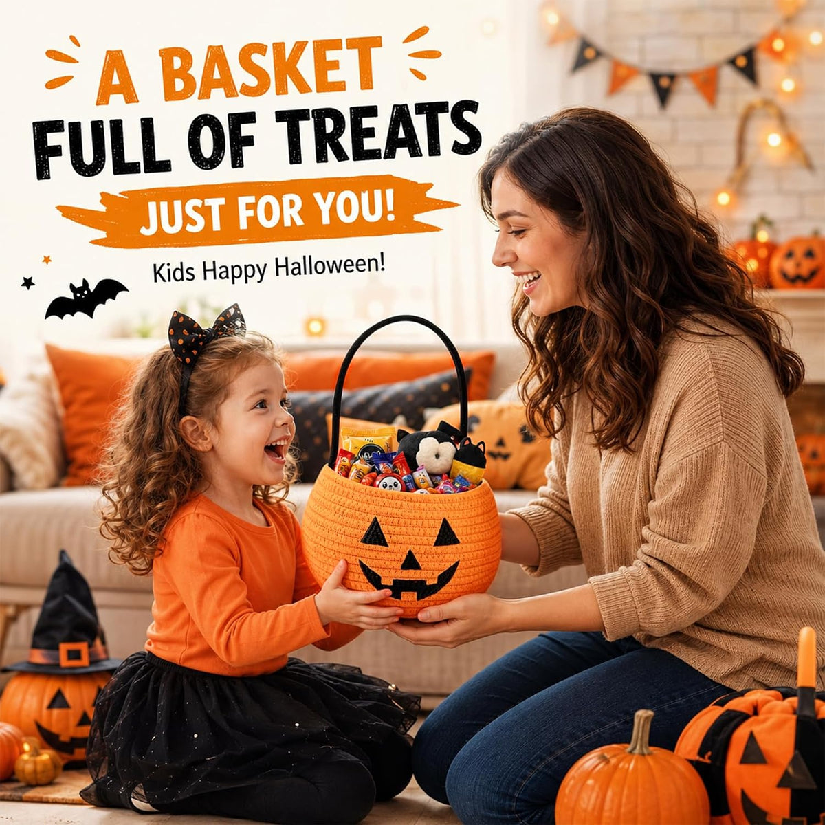 OIASKET Cotton Rope Halloween Pumpkin Basket with Handle, Trick or Treat Bucket for Kids, Woven Boo Candy Basket for Neighborhood Parades & Indoor Holiday Home Decor