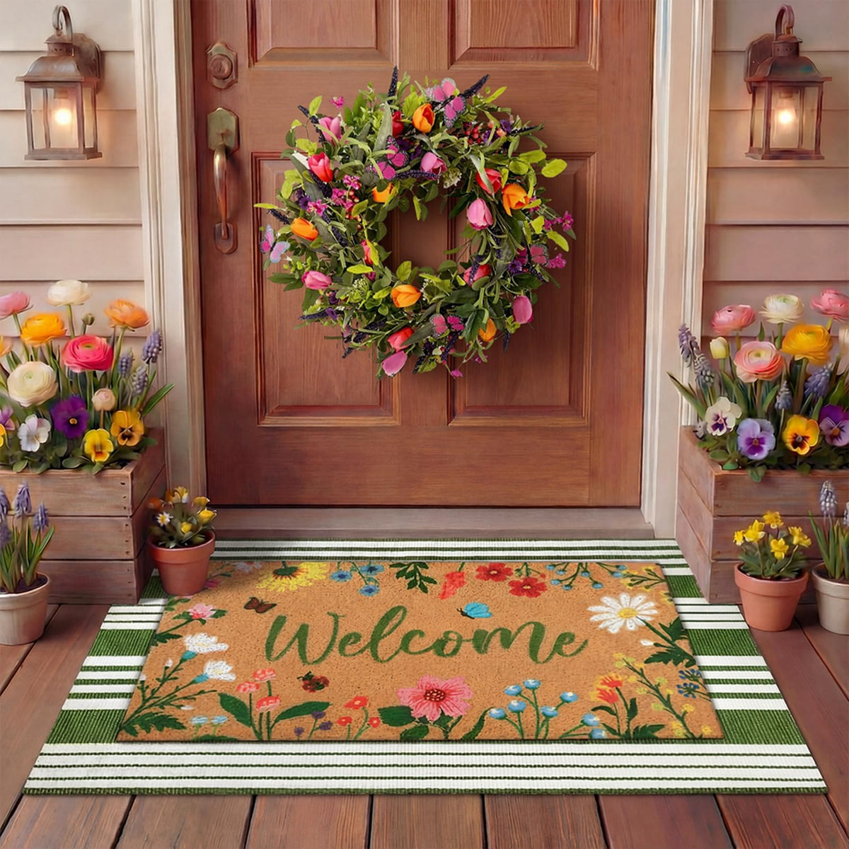 Tinideya 2 23.6 X 35.4 Inches Plaid Ghost Red Brown | Layered Coir Doormat Set, Non Slip Backing for Outdoor Entryway, Buffalo Plaid Seasonal Design, Front Porch Home Decor